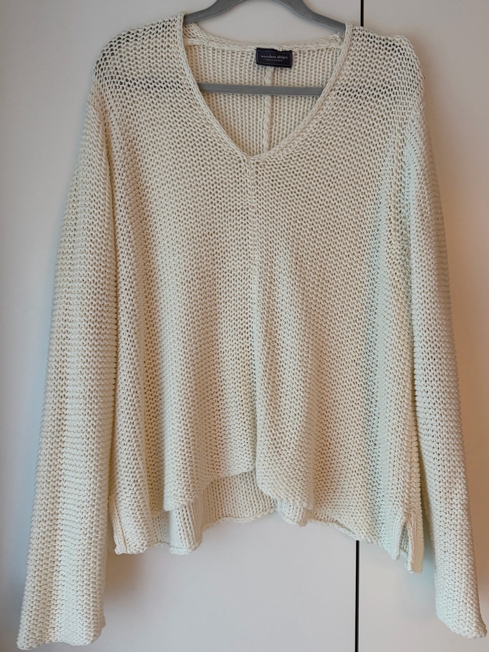 Wooden Ships Open-Knit V-Neck Sweater in Cream